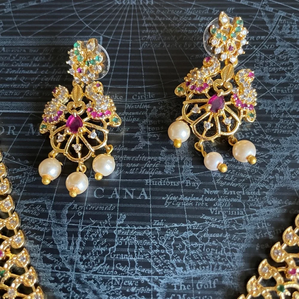 Gold-Tone Floral Pendant Necklace and Earrings Set - Pink and Green Accent